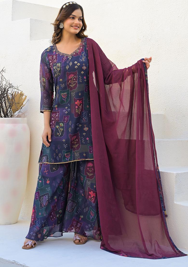 Purple Digital Printed Georgette Sharara Set With Dupatta