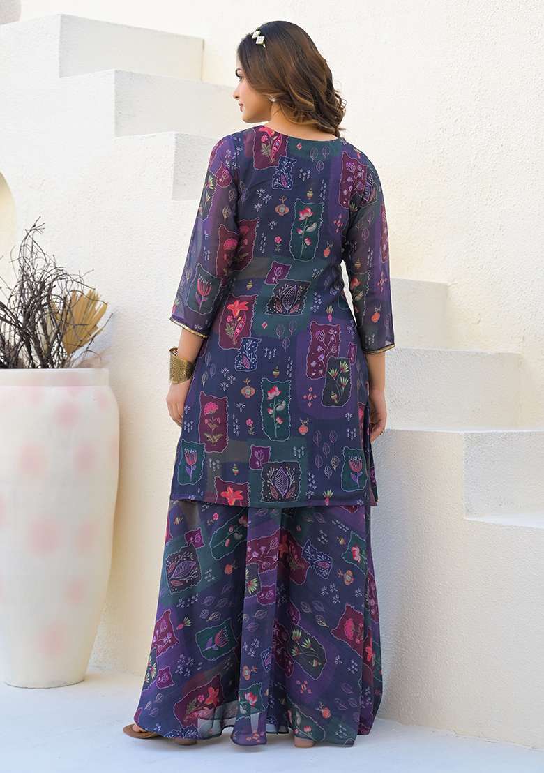Purple Digital Printed Georgette Sharara Set With Dupatta - Indya