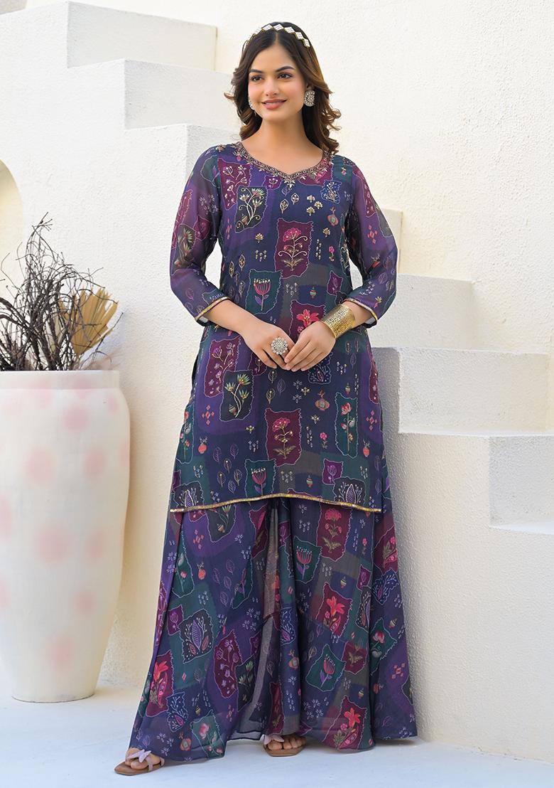 Purple Digital Printed Georgette Sharara Set With Dupatta