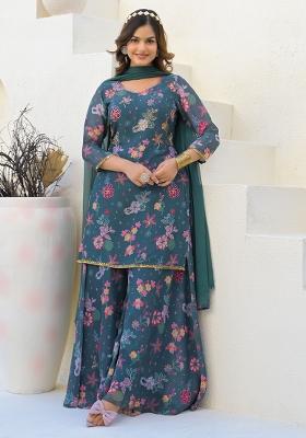 Green Digital Printed Georgette Sharara Set With Dupatta