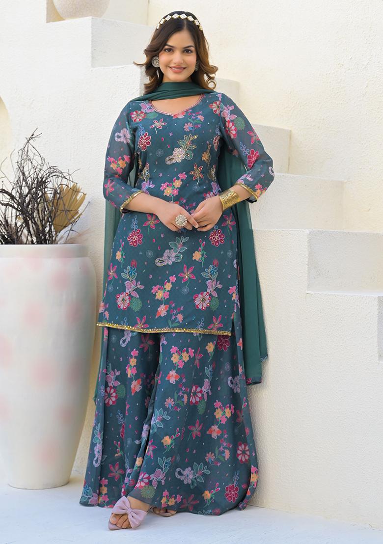 Green Digital Printed Georgette Sharara Set With Dupatta