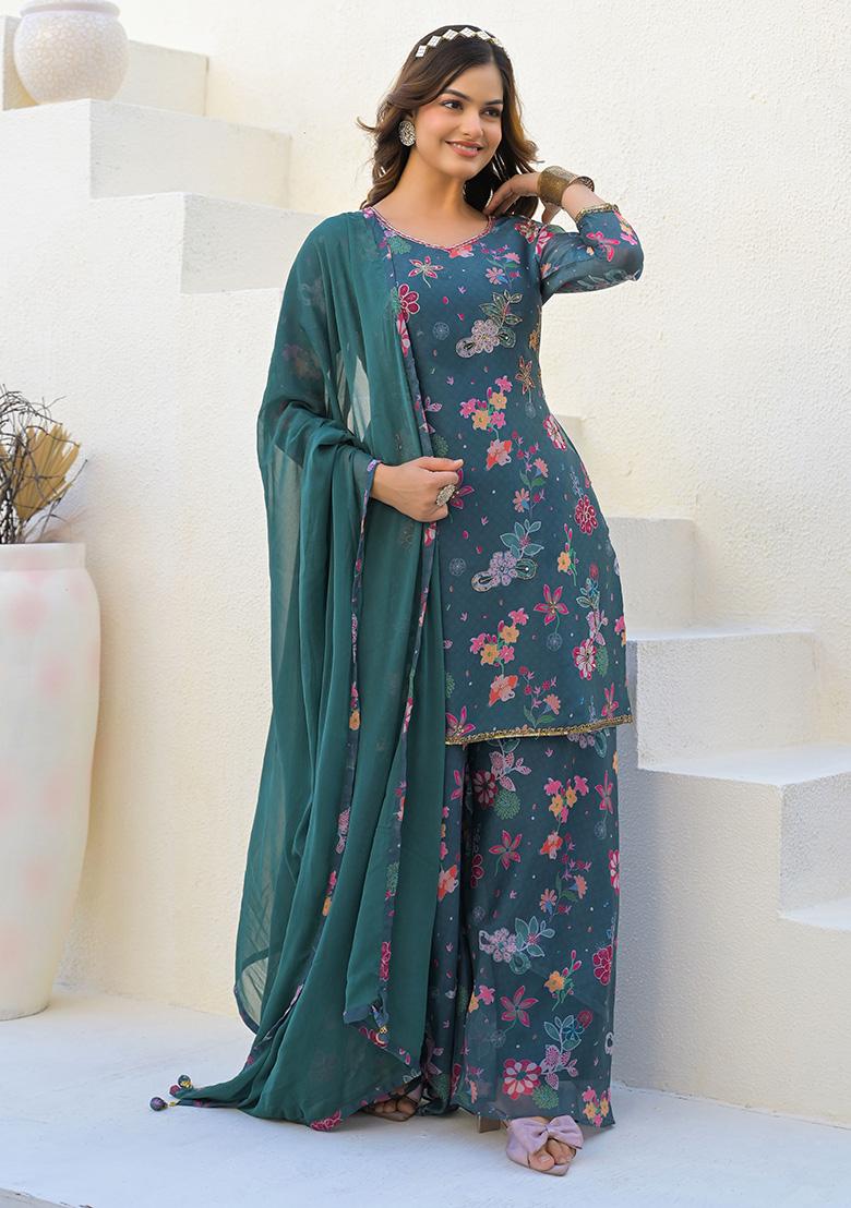 Green Digital Printed Georgette Sharara Set With Dupatta
