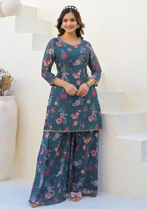 Green Digital Printed Georgette Sharara Set With Dupatta