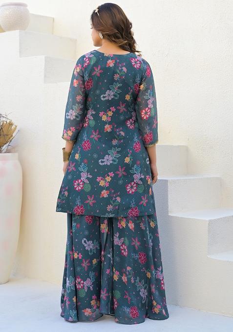 Green Digital Printed Georgette Sharara Set With Dupatta