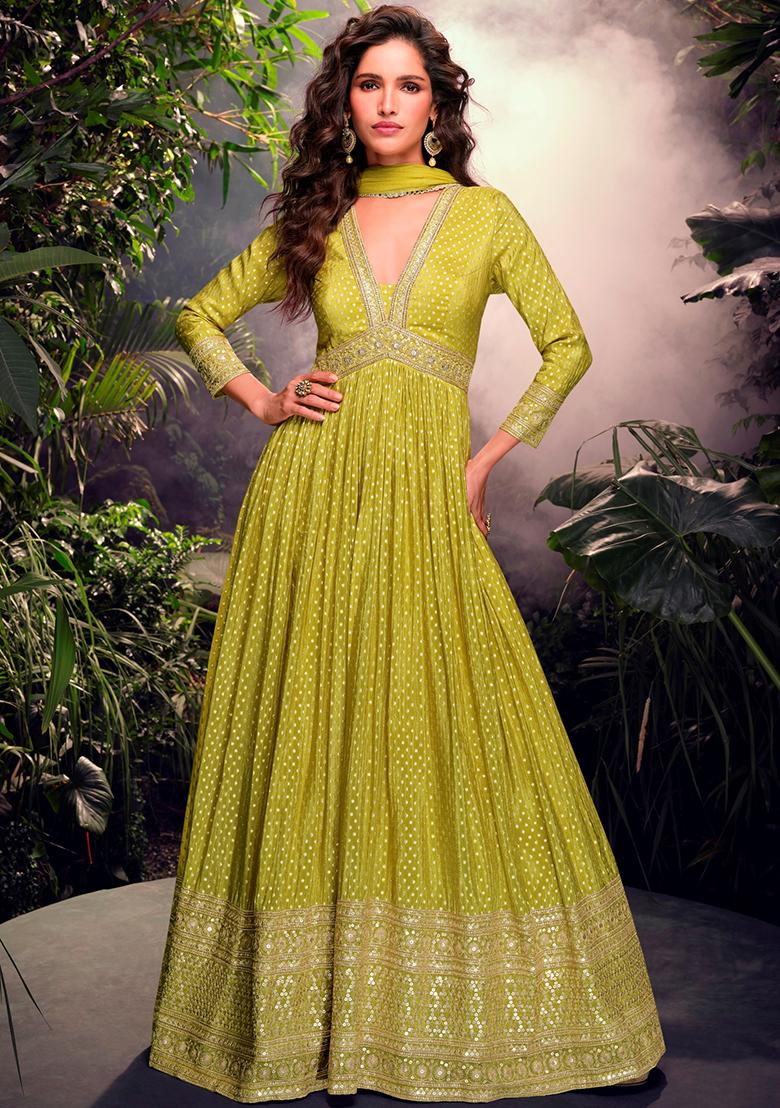 Green Embroidered Jacquard Anarkali Set With Dupatta
