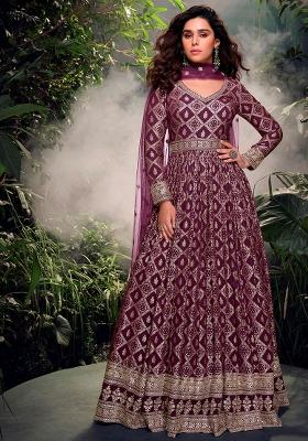 Purple Embroidered Jacquard Anarkali Set With Dupatta