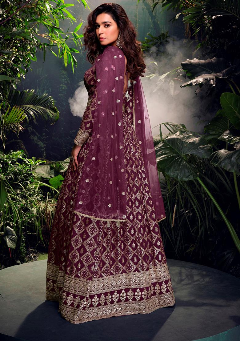Purple Embroidered Jacquard Anarkali Set With Dupatta