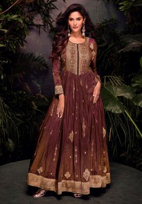Brown Embroidered Jacquard Anarkali Set With Dupatta