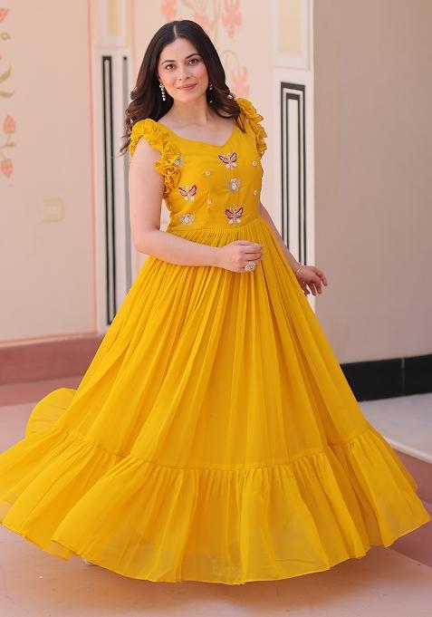 Yellow Embroidered Georgette Gown