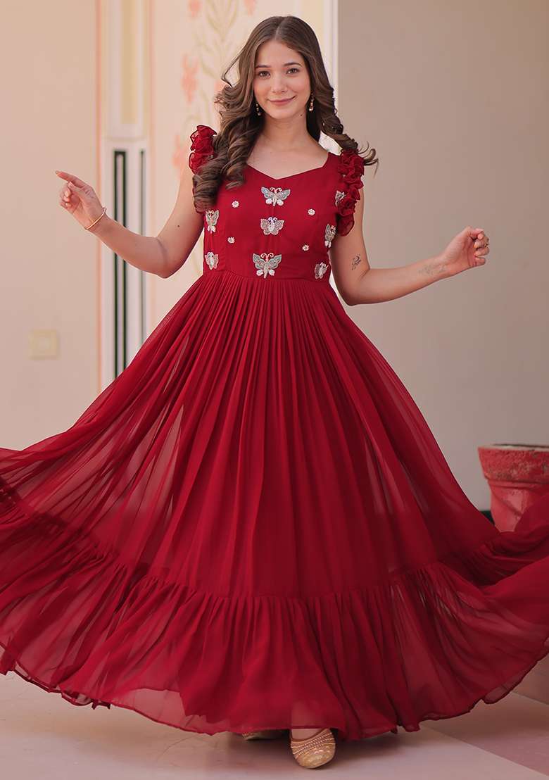 Maroon Embroidered Georgette Gown - Indya