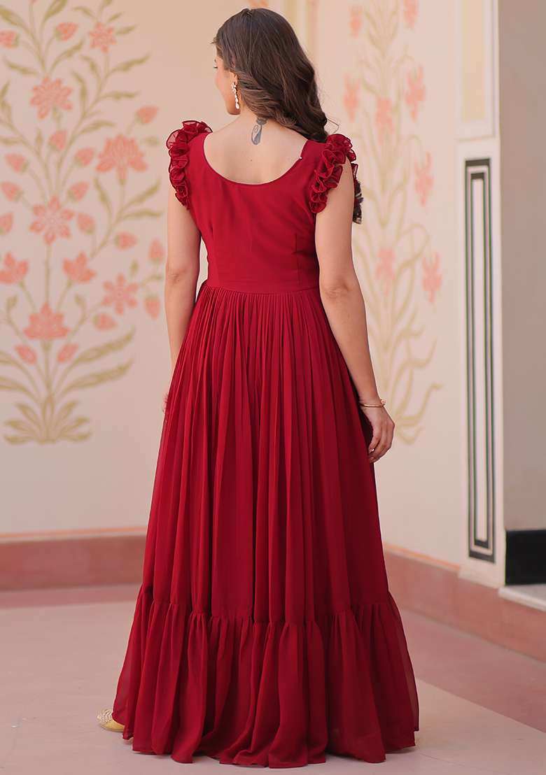 Maroon Embroidered Georgette Gown - Indya