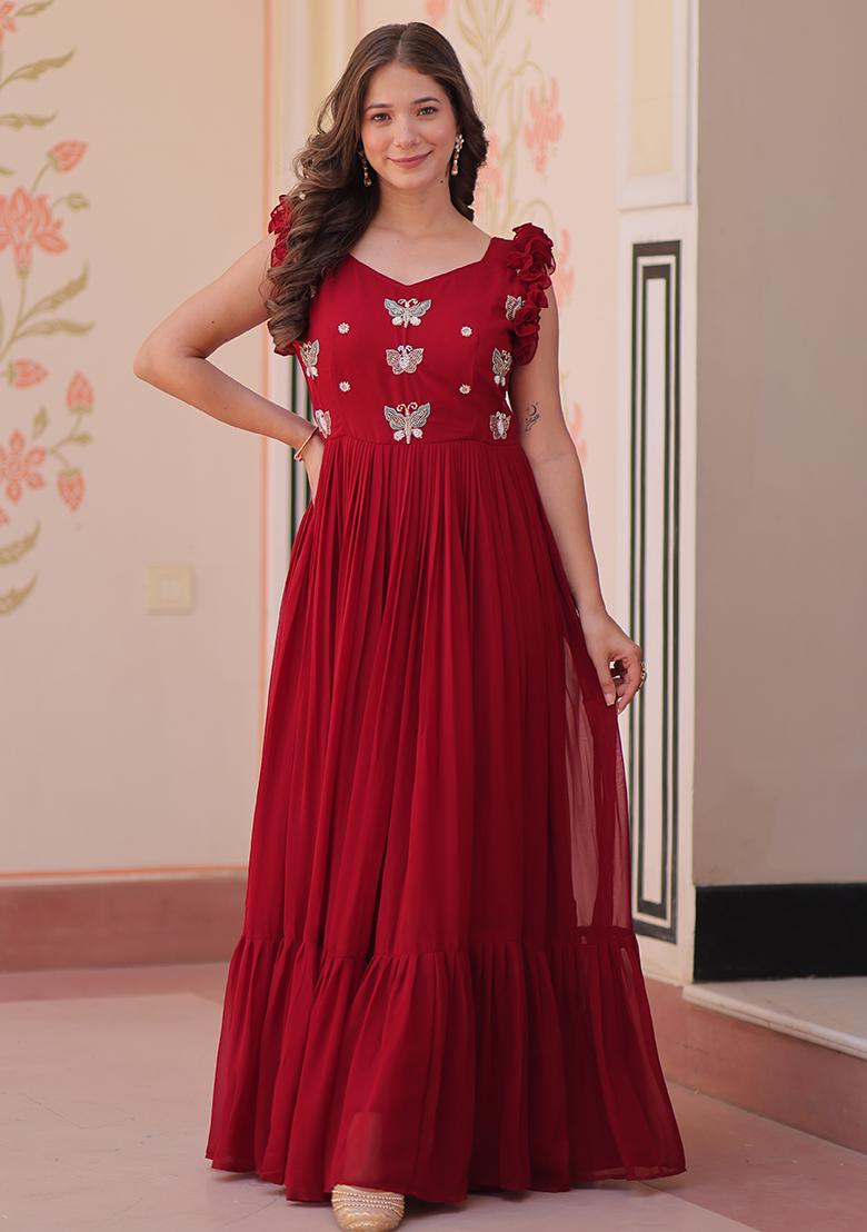 Maroon Embroidered Georgette Gown