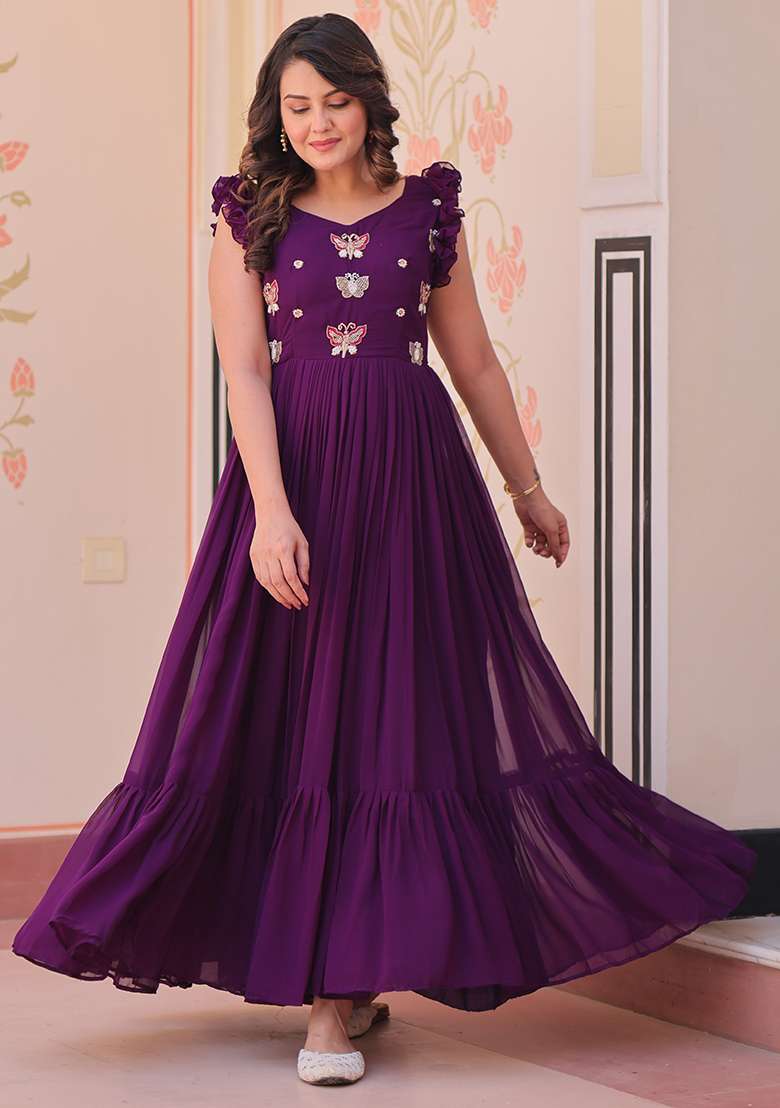 Purple Embroidered Georgette Gown - Indya
