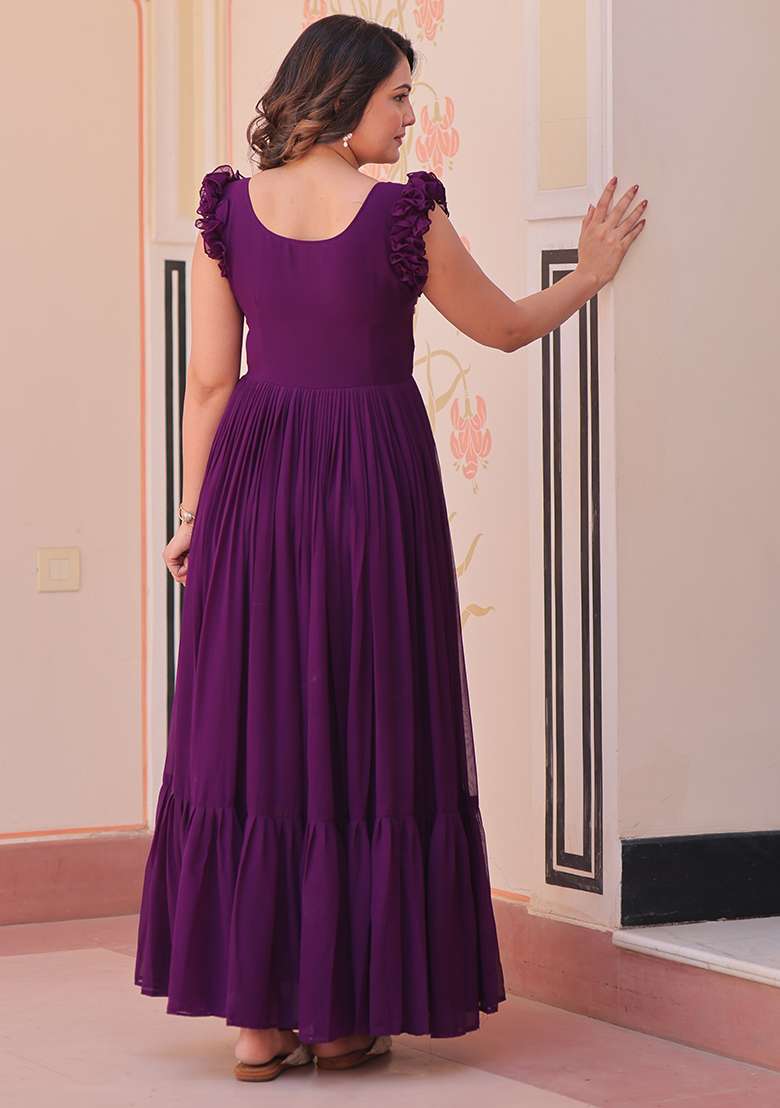 Purple Embroidered Georgette Gown - Indya