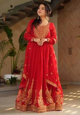 Red Embroidered Georgette Anarkali Set With Dupatta
