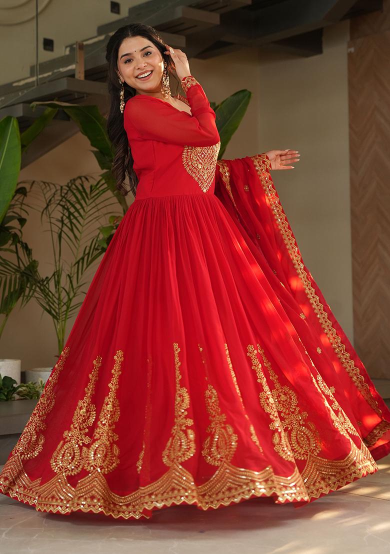 Red Embroidered Georgette Anarkali Set With Dupatta
