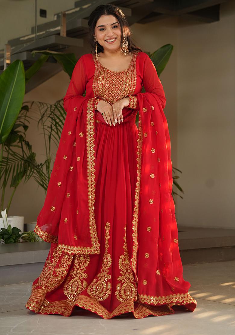 Red Embroidered Georgette Anarkali Set With Dupatta