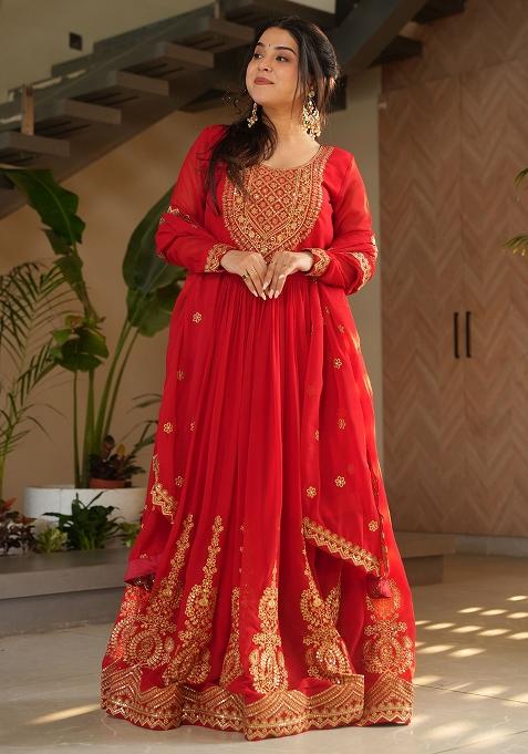 Red Embroidered Georgette Anarkali Set With Dupatta