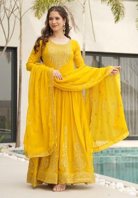 Yellow Embroidered Georgette Anarkali Set With Dupatta