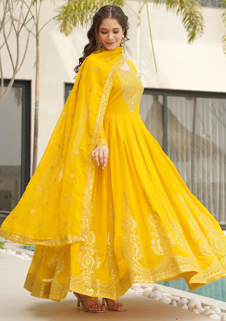 Yellow Embroidered Georgette Anarkali Set With Dupatta
