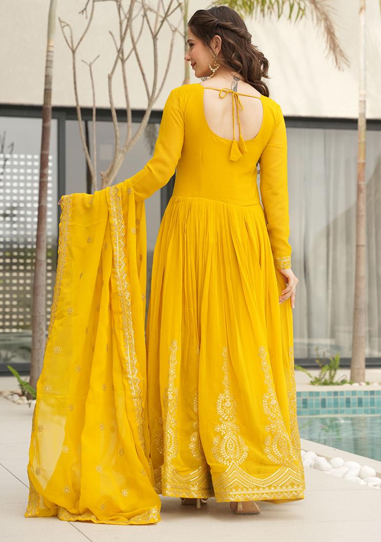 Yellow Embroidered Georgette Anarkali Set With Dupatta