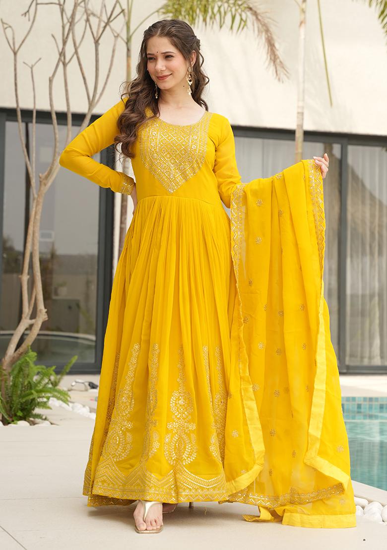 Yellow Embroidered Georgette Anarkali Set With Dupatta
