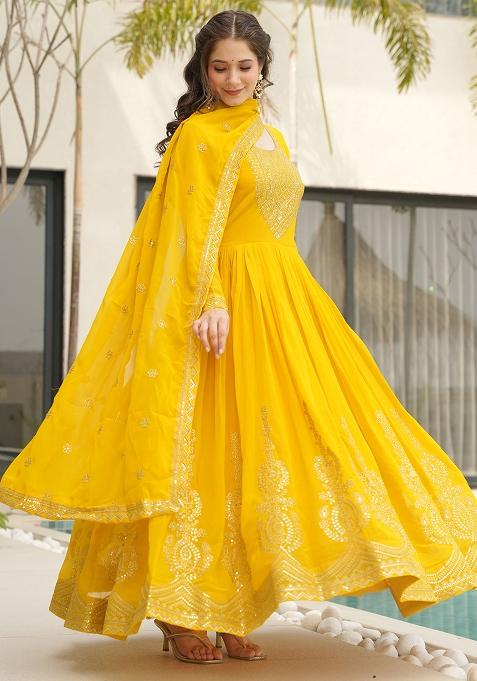 Yellow Embroidered Georgette Anarkali Set With Dupatta