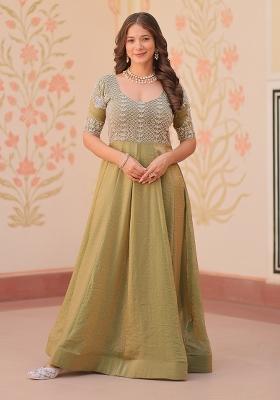 Pista Green Embroidered Chiffon Silk Gown