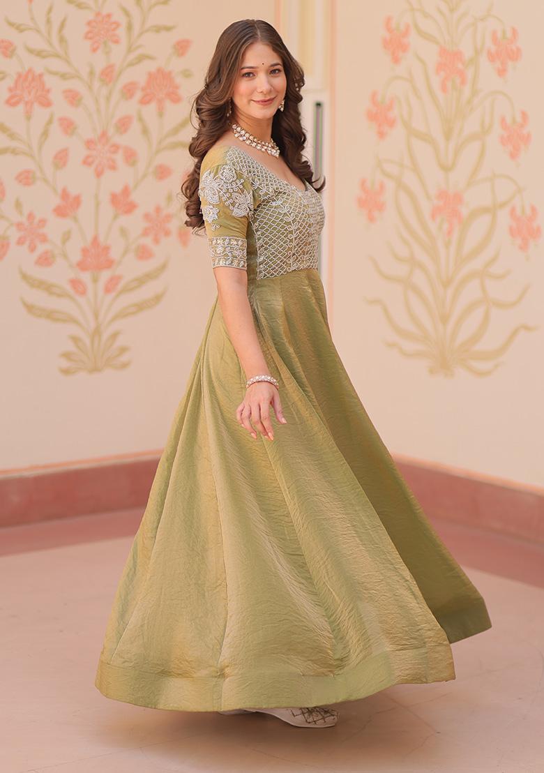 Pista Green Embroidered Chiffon Silk Gown