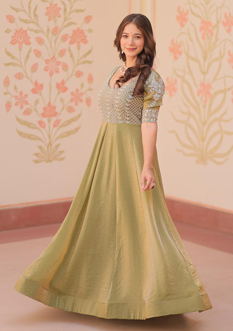Pista Green Embroidered Chiffon Silk Gown