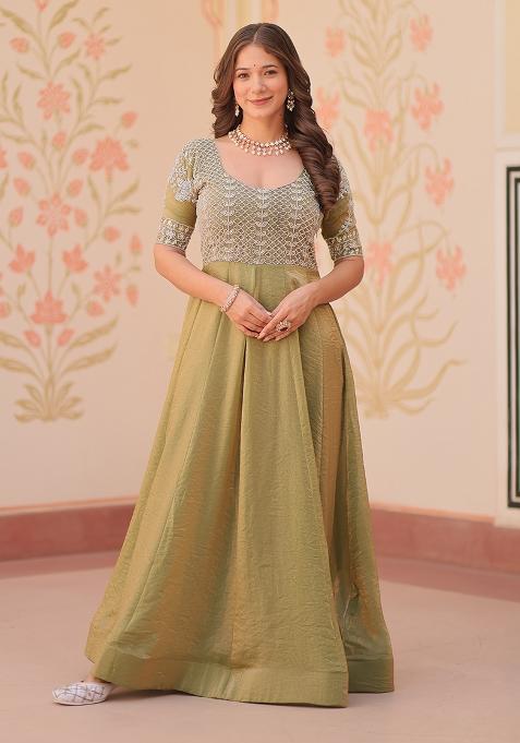 Pista Green Embroidered Chiffon Silk Gown