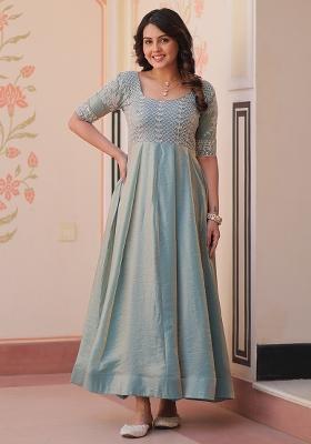 Sky Blue Embroidered Chiffon Silk Gown