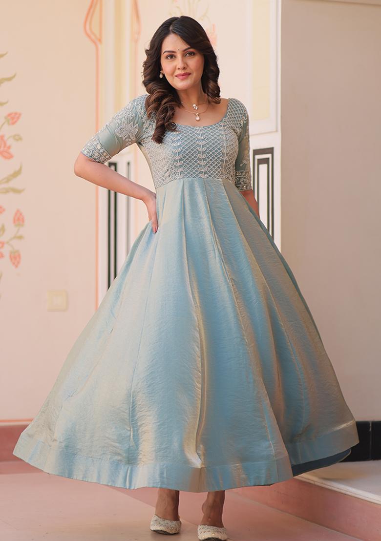 Sky Blue Embroidered Chiffon Silk Gown