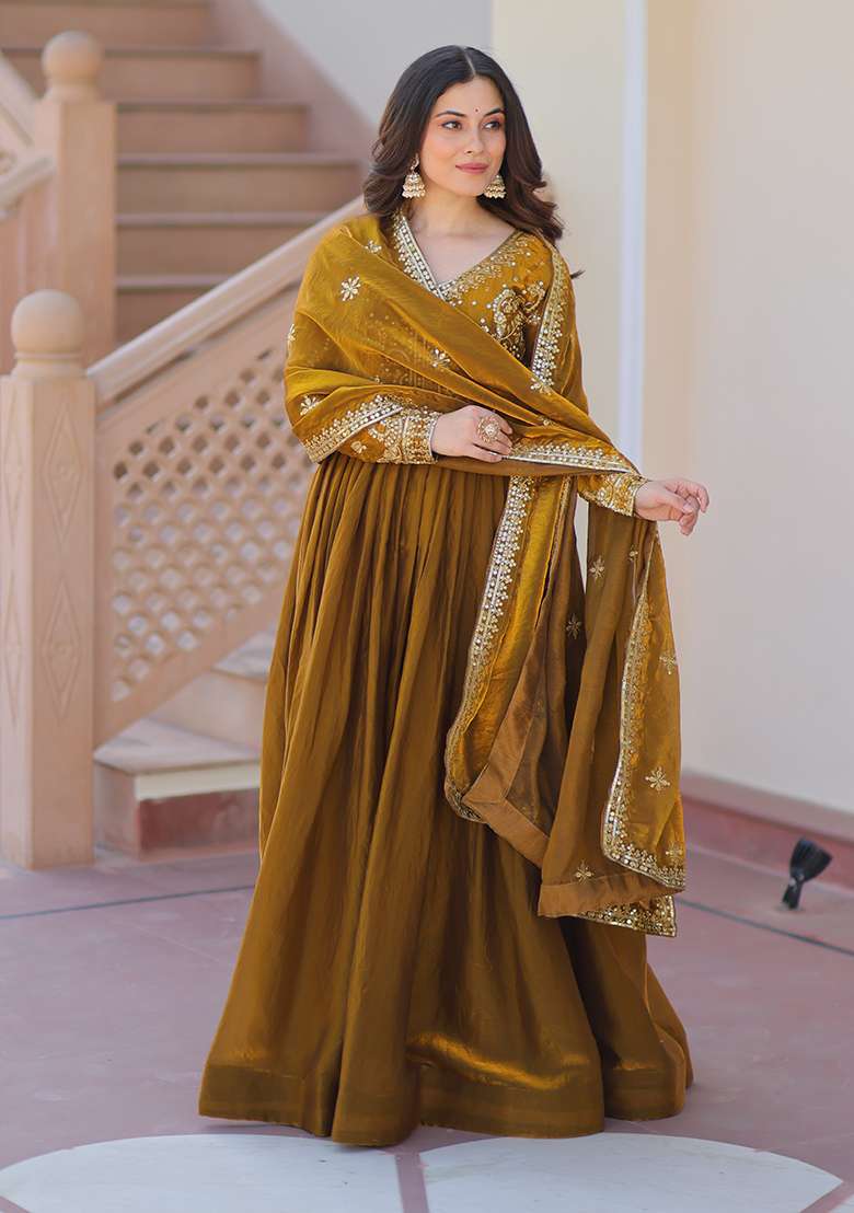 Mehendi Green Embroidered Chiffon Silk Anarkali With Dupatta - Indya