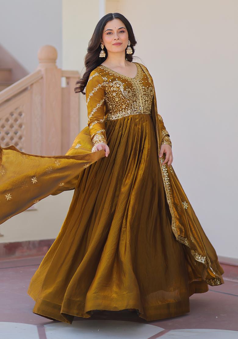 Mehendi Green Embroidered Chiffon Silk Anarkali Set With Dupatta