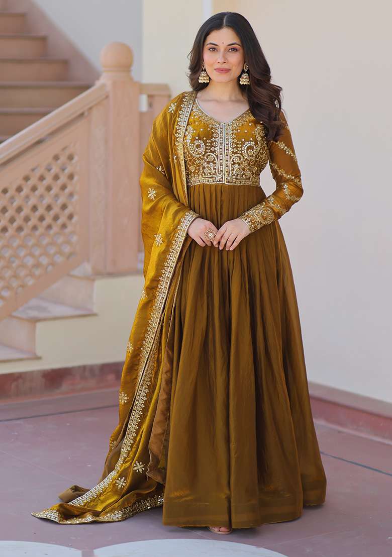Mehendi Green Embroidered Chiffon Silk Anarkali With Dupatta - Indya