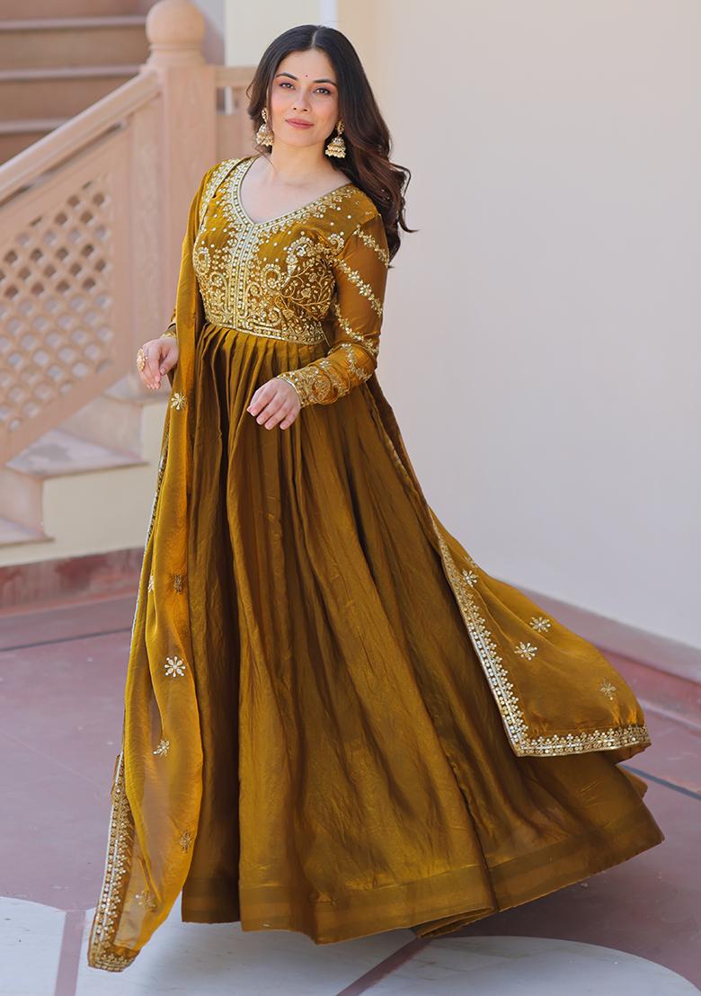 Mehendi Green Embroidered Chiffon Silk Anarkali Set With Dupatta