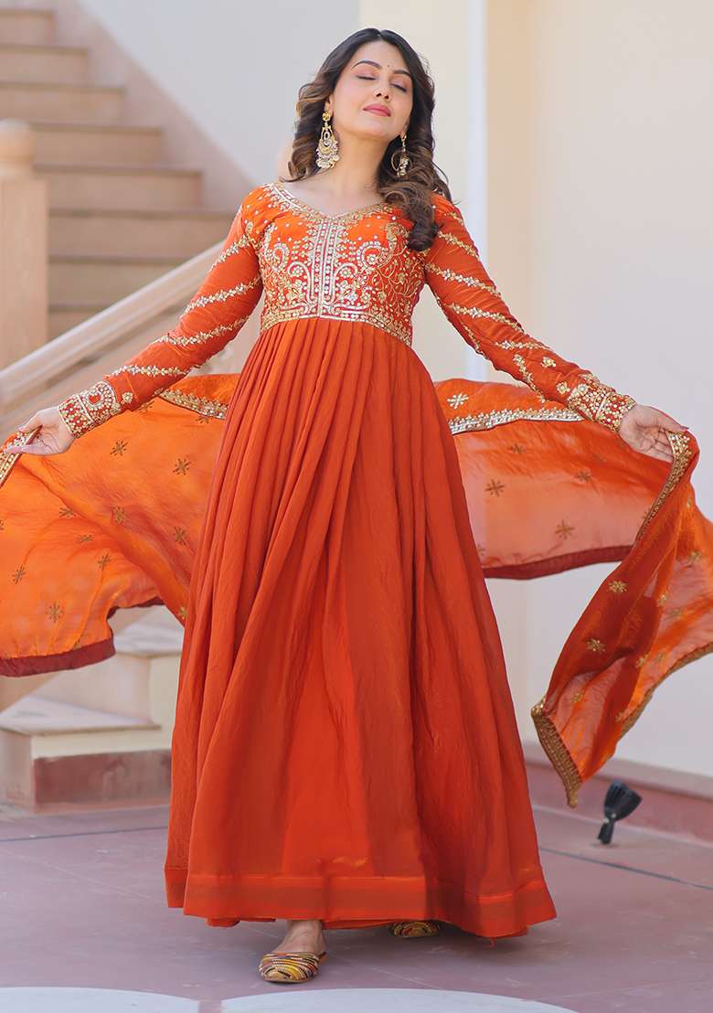 Orange Embroidered Chiffon Silk Anarkali With Dupatta - Indya