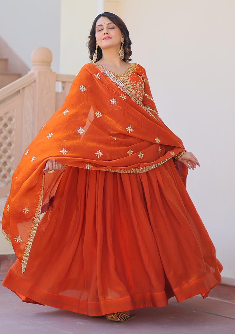 Orange Embroidered Chiffon Silk Anarkali Set With Dupatta