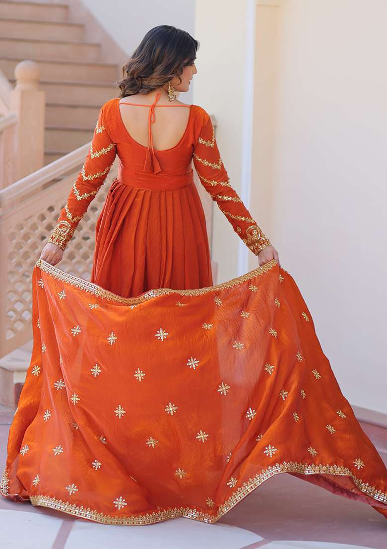 Orange Embroidered Chiffon Silk Anarkali With Dupatta - Indya