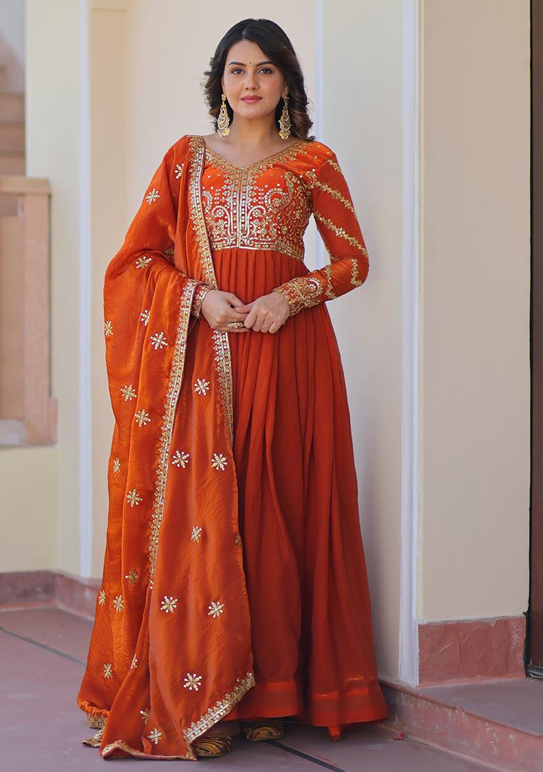 Orange Embroidered Chiffon Silk Anarkali Set With Dupatta