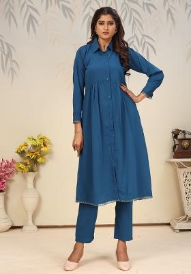 Teal Blue Solid Rinkal Cotton Anarkali Set