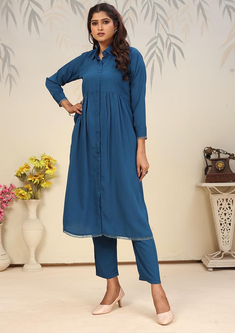 Teal Blue Solid Rinkal Cotton Anarkali Set