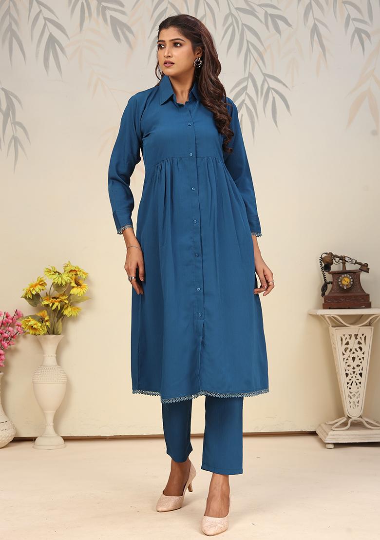Teal Blue Solid Rinkal Cotton Anarkali Set