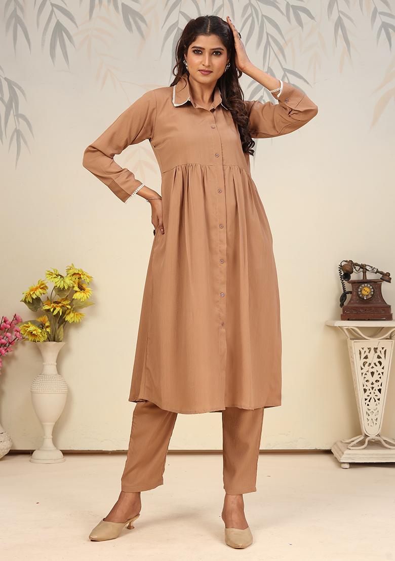 Brown Solid Rinkal Cotton Anarkali Set