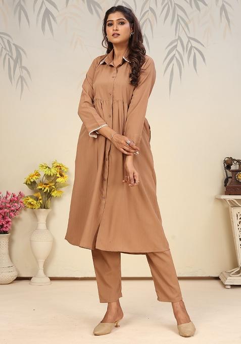 Brown Solid Rinkal Cotton Anarkali Set