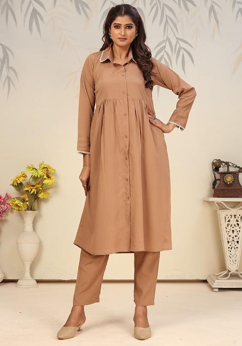 Brown Solid Rinkal Cotton Anarkali Set