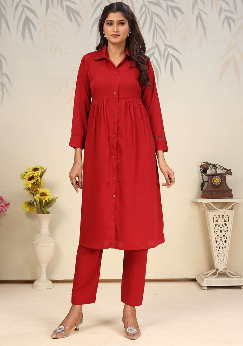 Maroon Solid Rinkal Cotton Anarkali With Dupatta - Indya