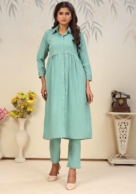 Rama Green Solid Rinkal Cotton Anarkali Set