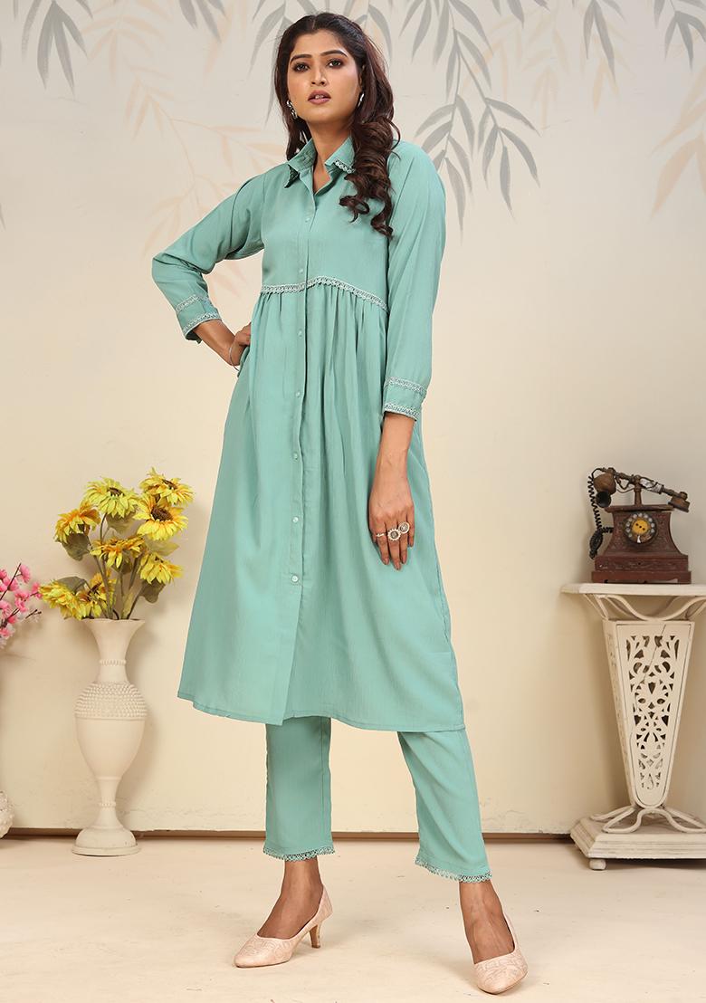 Rama Green Solid Rinkal Cotton Anarkali Set